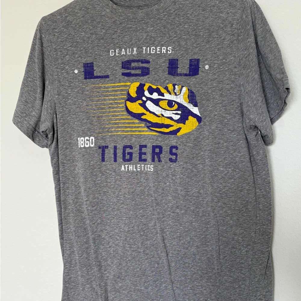 LSU Geaux Tigers Heather Grey LARGE Vintage Look Short Sleeve Tee